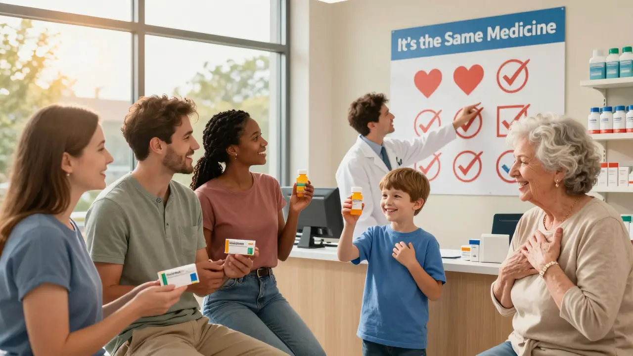 Diverse patients receive generic prescriptions at a pharmacy, smiling as they view a reassuring poster that says 'It’s the Same Medicine.'