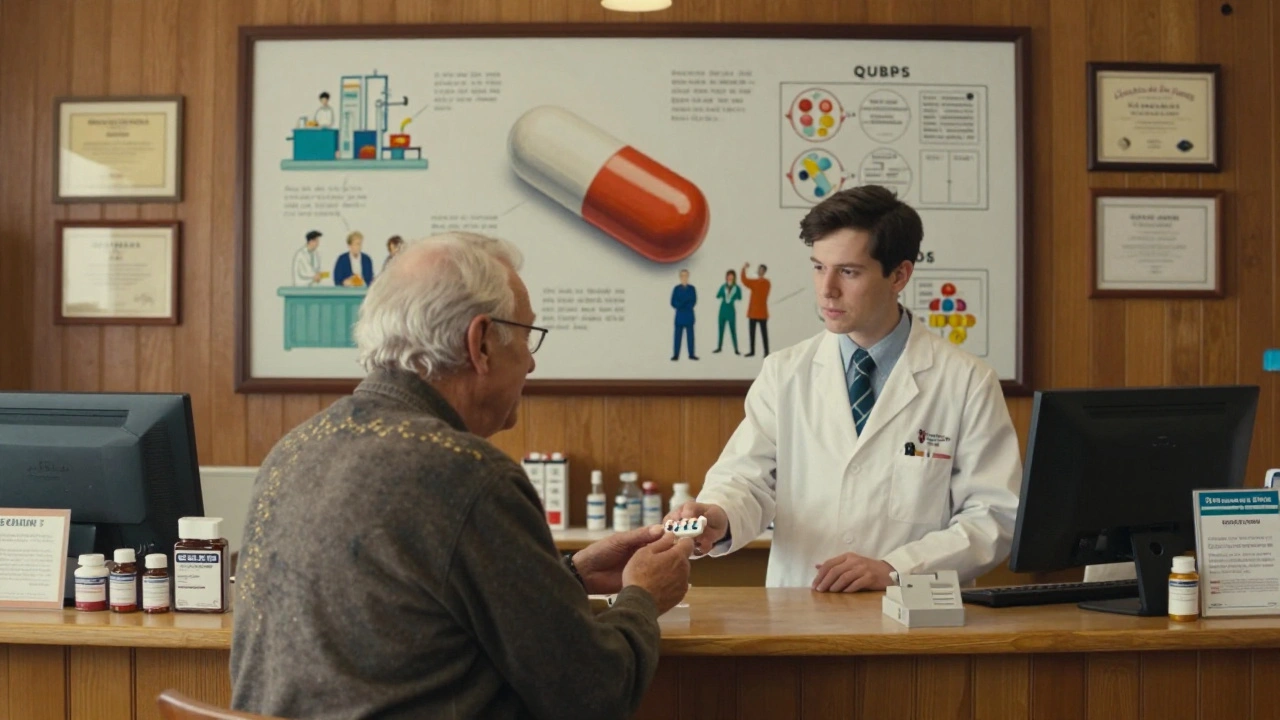 Elderly patient receives generic medicine in a cozy pharmacy, behind them a mural shows the pill&#039;s journey to FDA approval.
