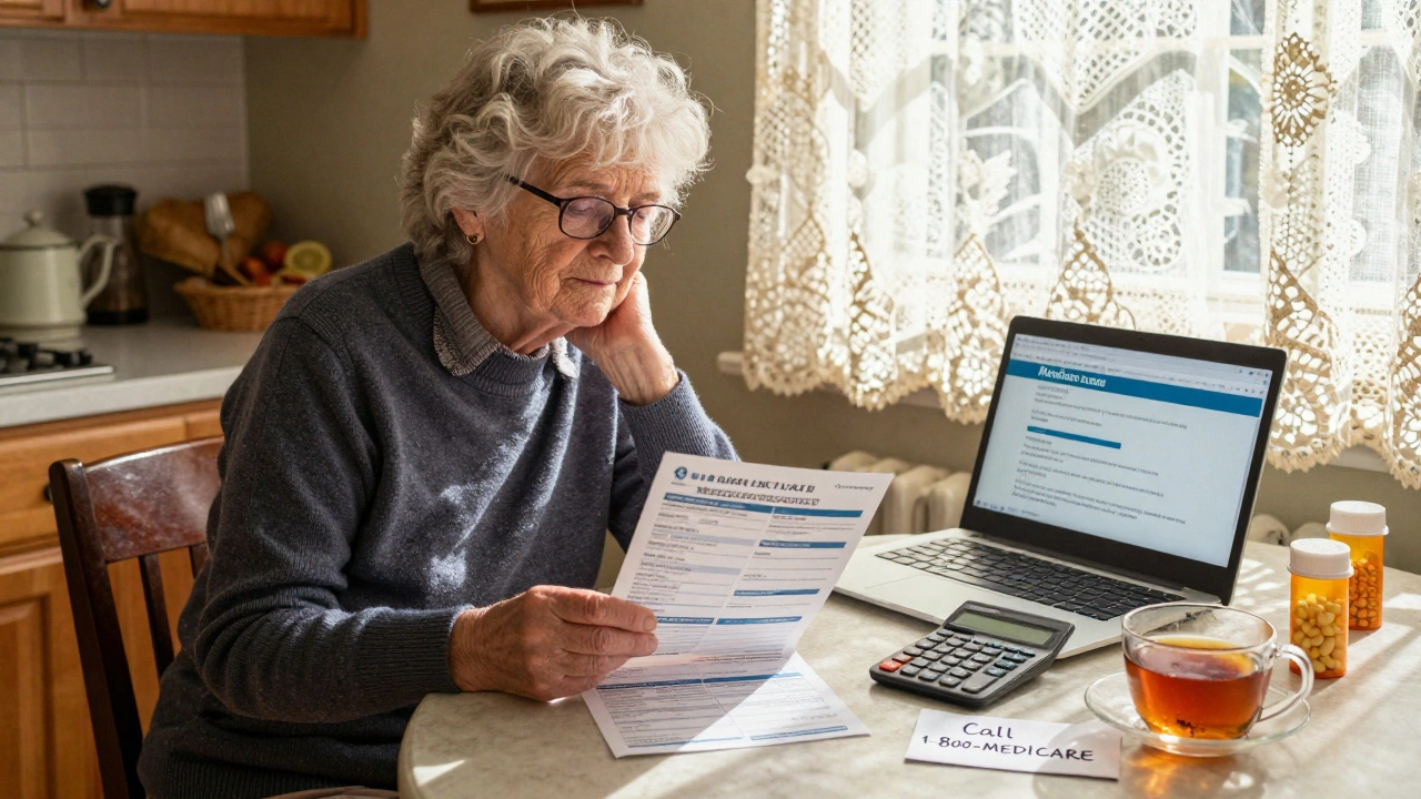 Elderly woman reviewing Medicare options at her kitchen table with pill bottles and a laptop open.