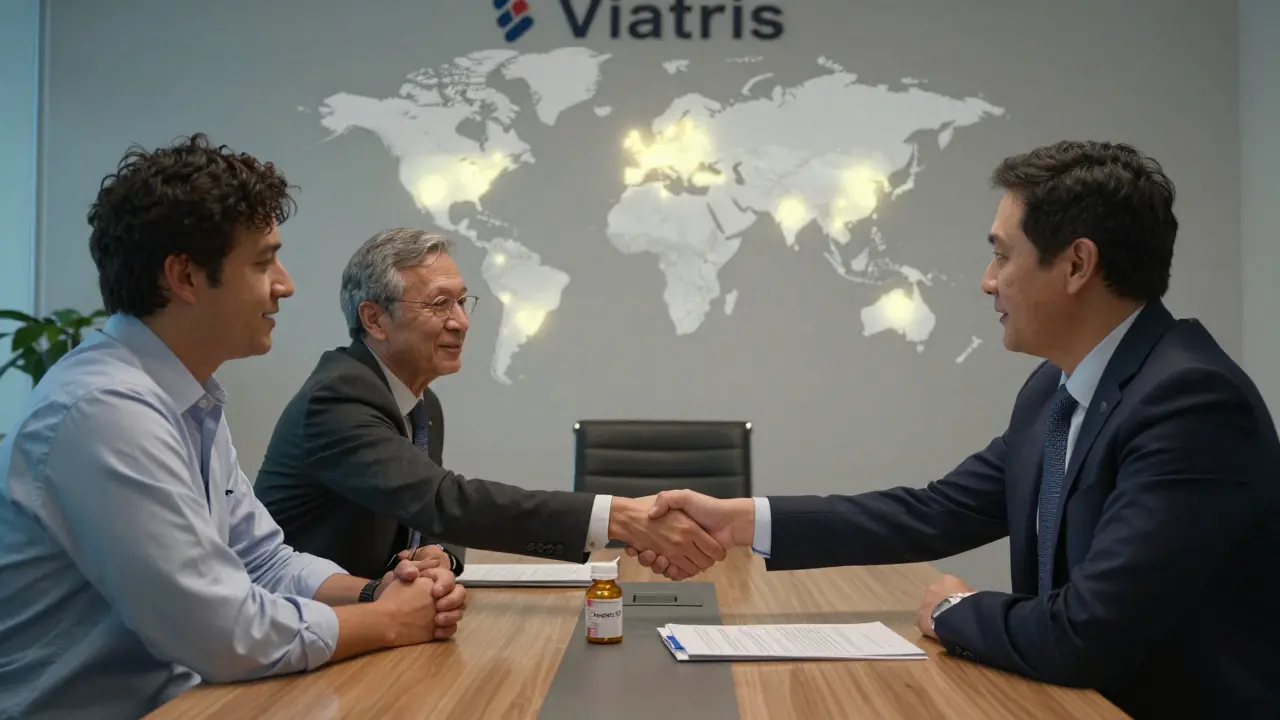 Executives shake hands over global contract manufacturing deals in a quiet office.