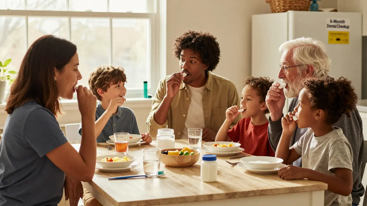 Family eating together while chewing xylitol gum, with health reminders visible in a cozy home.