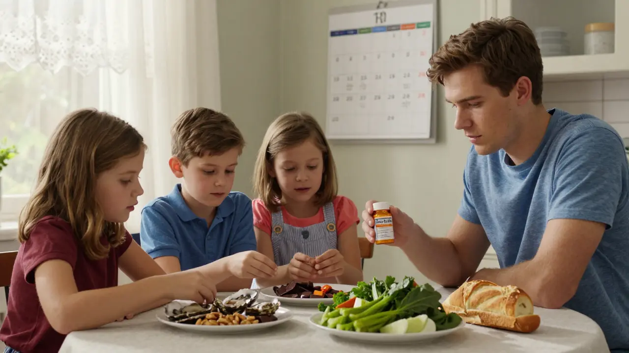 Family sorting foods at kitchen table, copper-rich items set aside, patient holding zinc pill bottle.