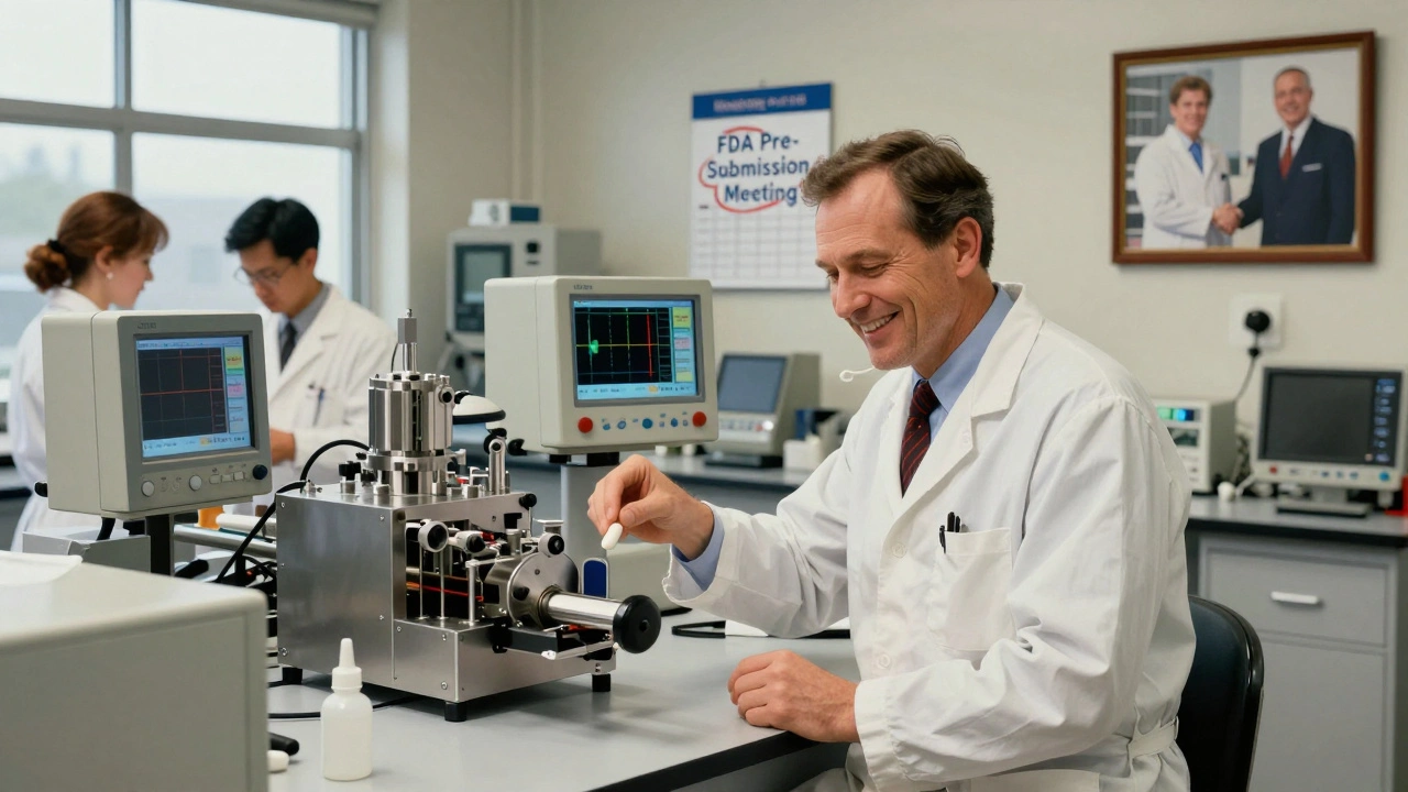Lab workers monitor PAT sensors as a new manufacturing line produces tablets, with FDA meeting marked on calendar.