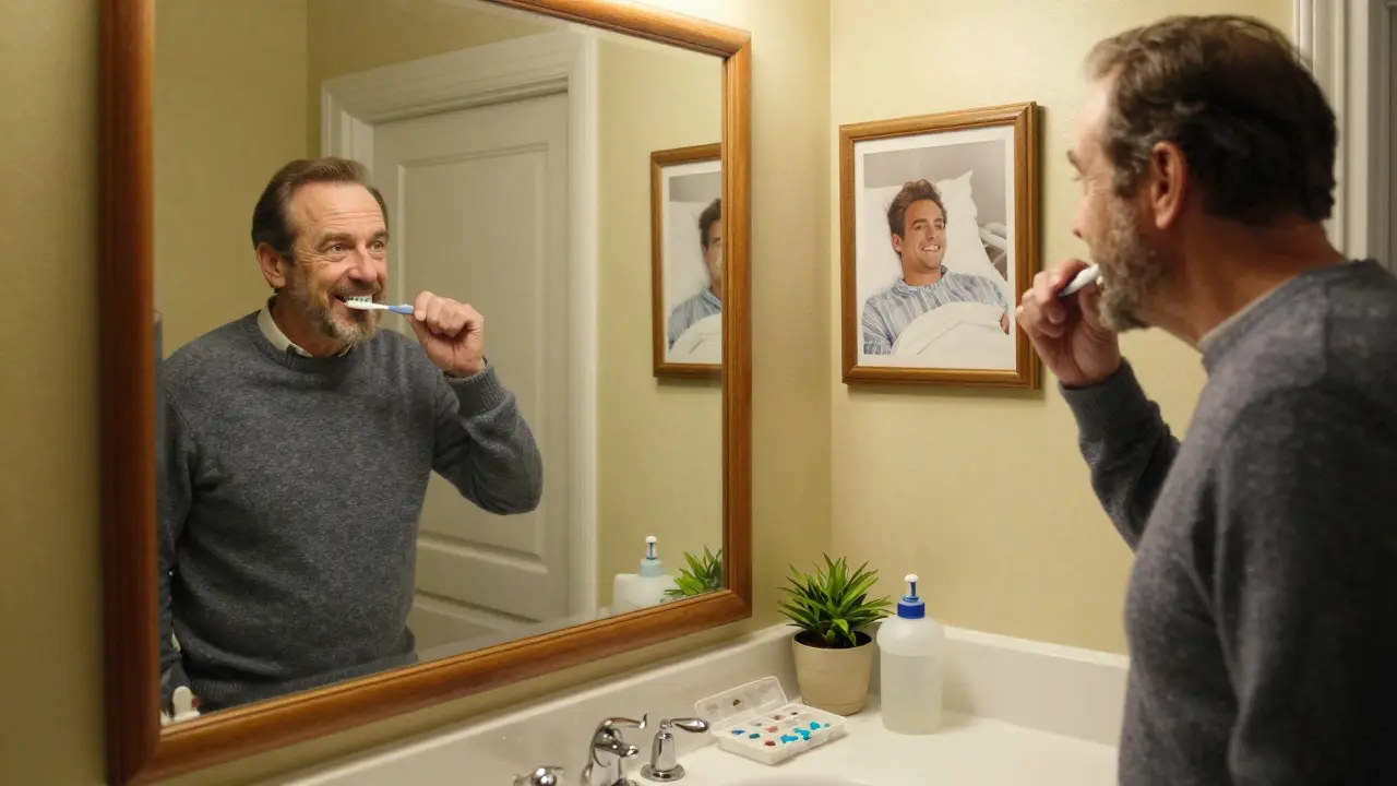 Man brushing teeth with pill organizer nearby, photo of younger self in hospital on wall.