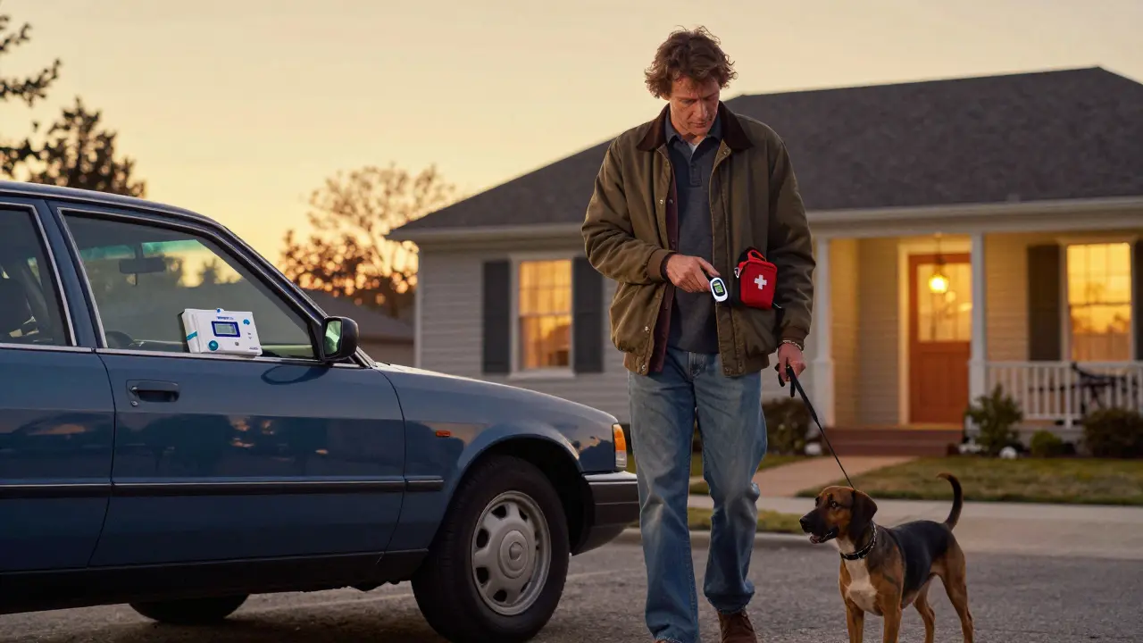 Man walking dog at sunset checking glucose monitor, rescue kit in pocket, home in background.