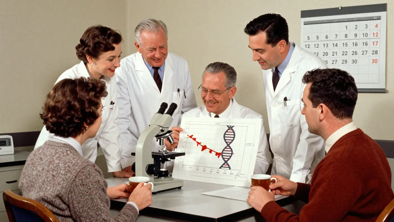 Oncologists studying ctDNA data with a patient nearby, in a warm, nostalgic medical setting.