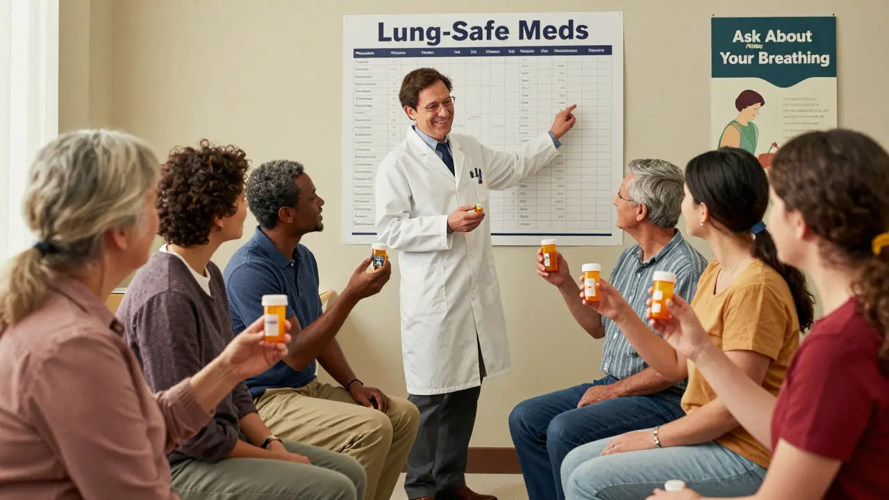 Patients and a pharmacist sharing medications in a clinic, discussing lung-safe drug choices.