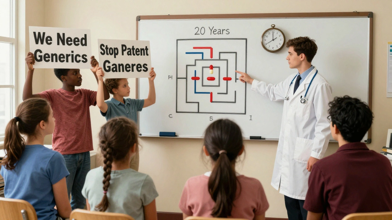 Patients in a clinic holding signs for generics as a doctor explains patent barriers on a whiteboard.