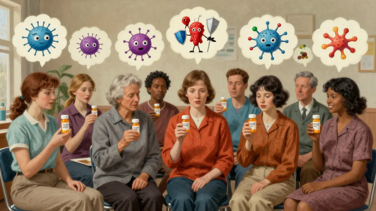Patients in a waiting room with immune cells depicted in thought bubbles reacting to drug structures.