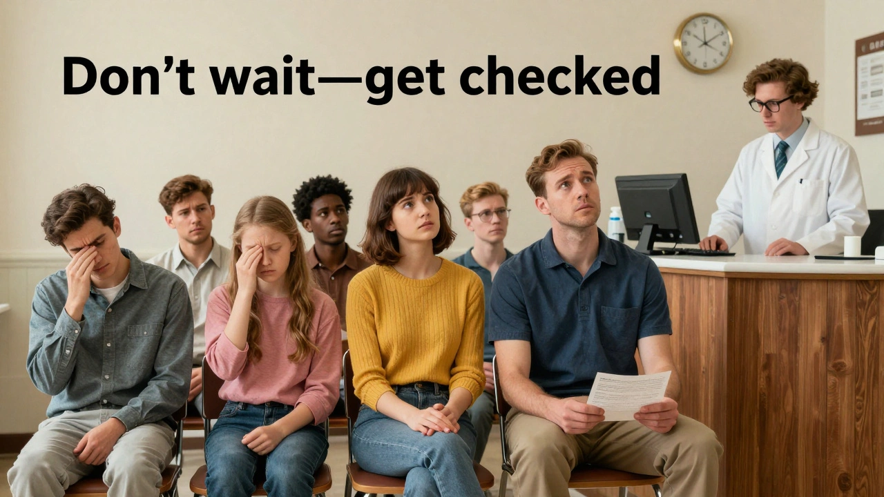 Patients in an eye clinic waiting room show quiet signs of concern about their vision.