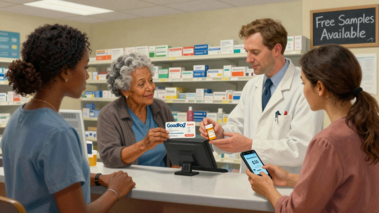 Pharmacist handing a patient a prescription with a GoodRx coupon, others waiting calmly in the background.