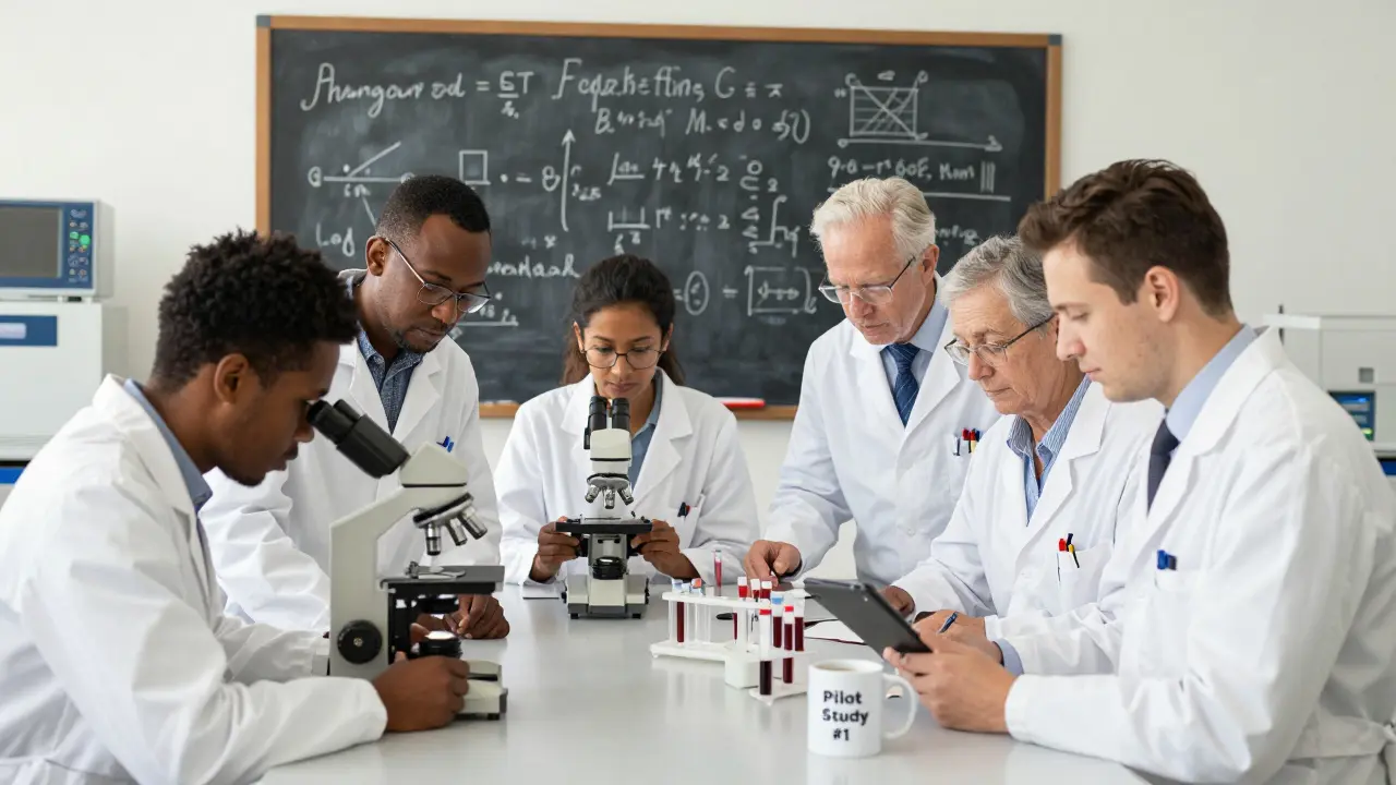 Scientists in a lab analyzing blood samples with chalkboard formulas and LC-MS/MS equipment in the background.