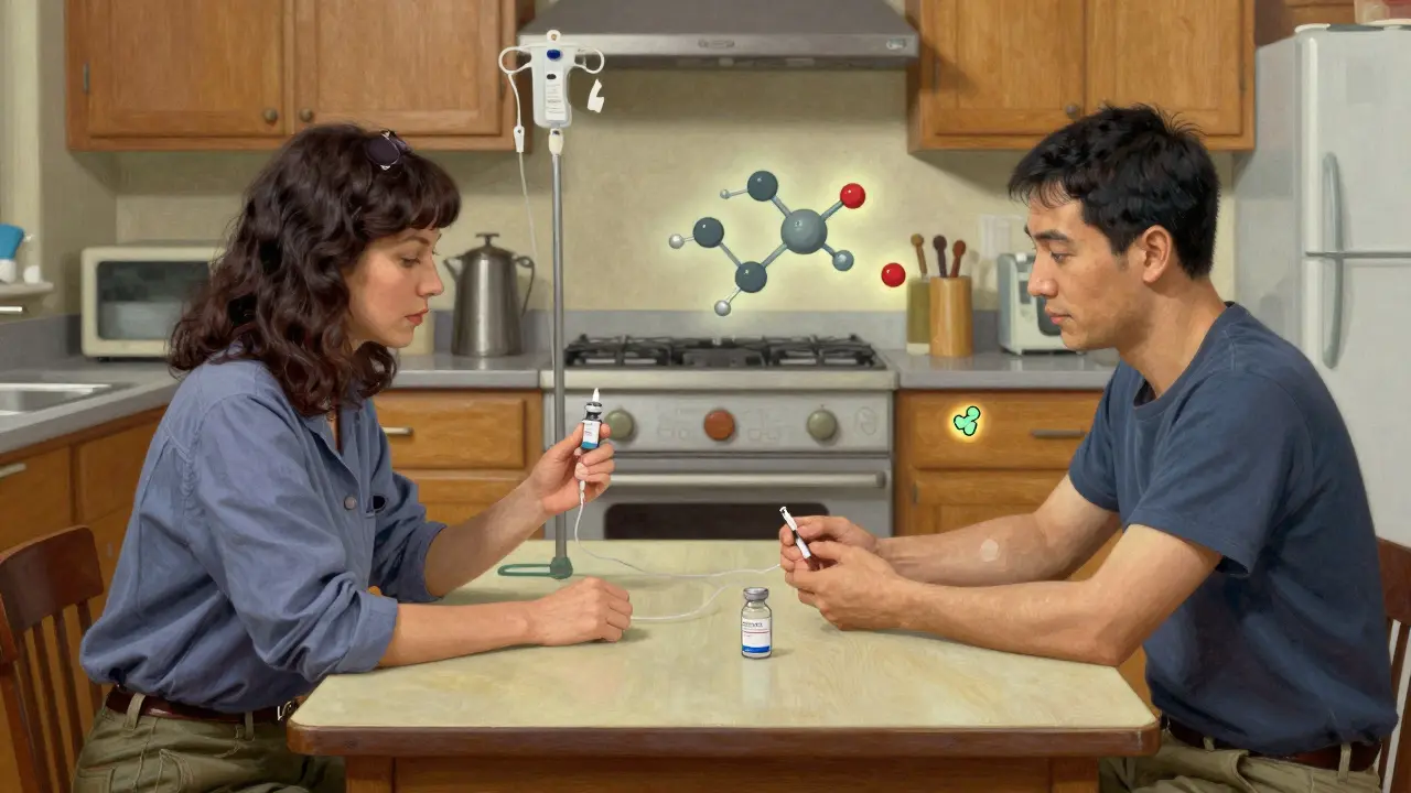 Split scene showing IV and injection administration of biologics with subtle molecular differences.