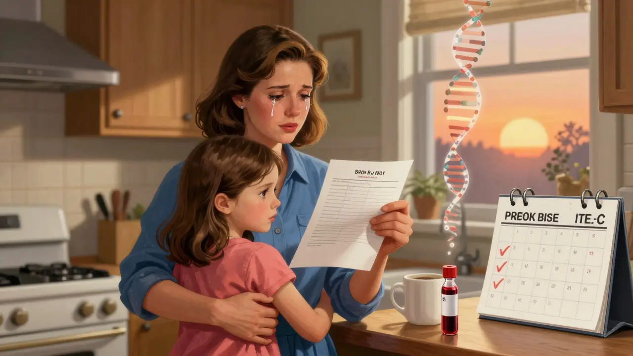 Woman holding a blood test result as her daughter hugs her, with a vial of blood and rising DNA fragments.