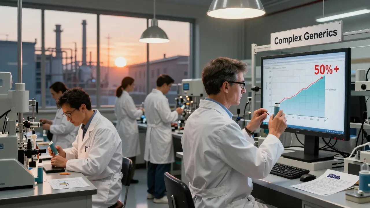 Workers inspect advanced inhalers in a clean, well-lit generic drug factory at dawn.
