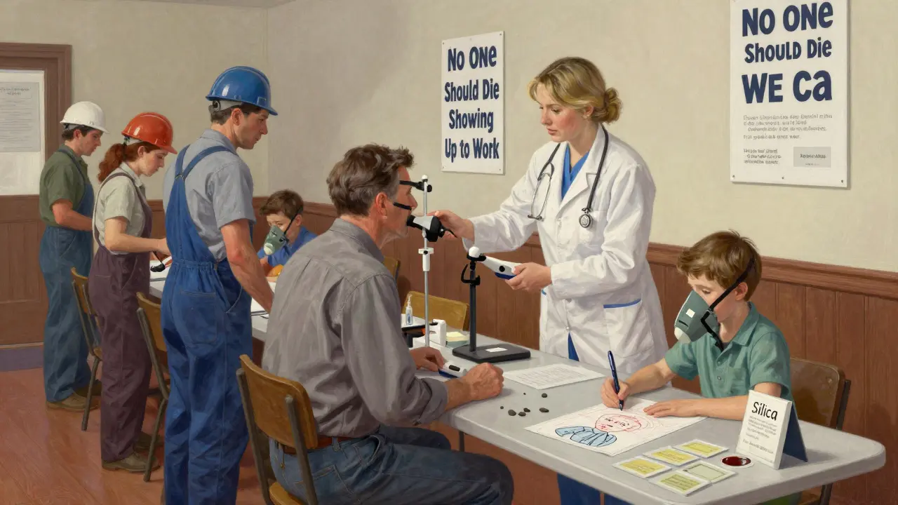 Workers receiving lung screenings at a community health fair, with a nurse explaining results and a child drawing nearby.