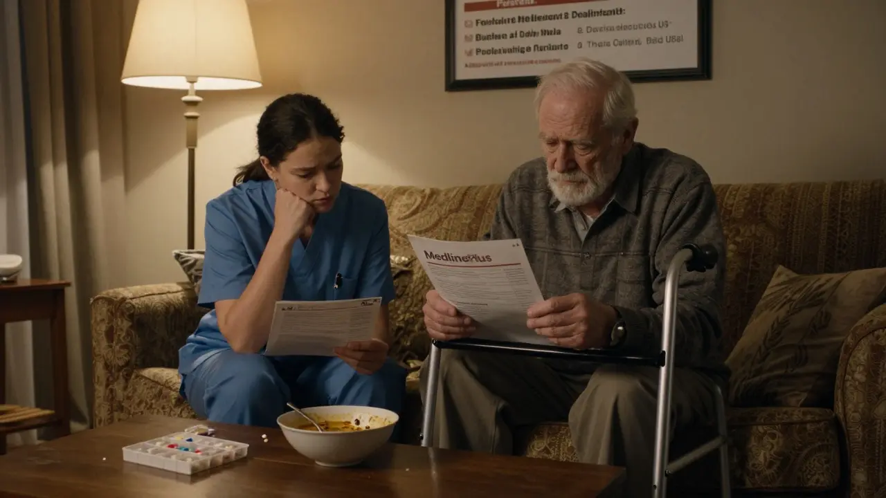 A caregiver and elderly man review medication info together under a lamp at home.