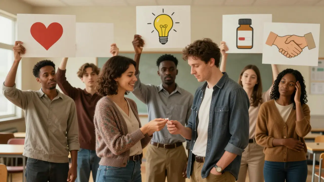 A diverse group exchanging understanding and hope in a community center, symbolizing support.