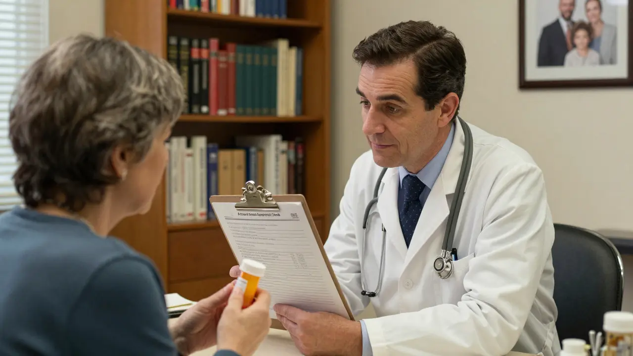 A doctor and patient discussing sexual side effects in a warm, inviting office setting.