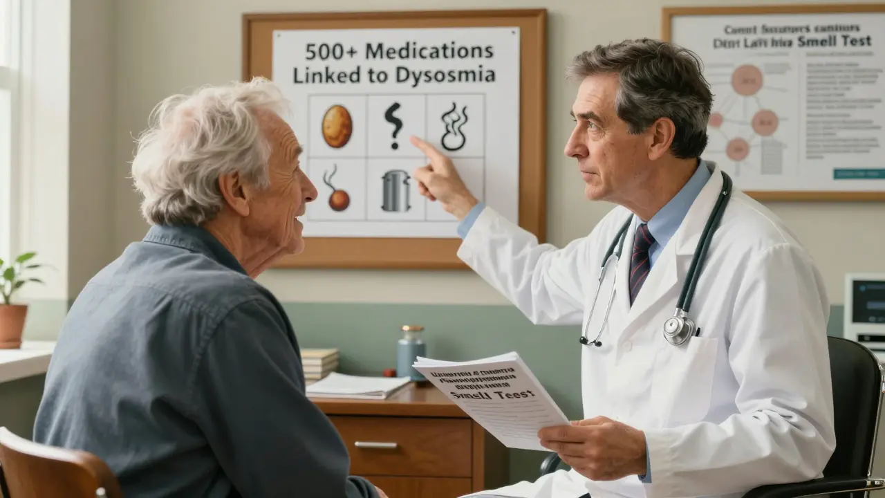 A doctor and patient examine a smell test chart in a clinic, with a bulletin board listing medication side effects.