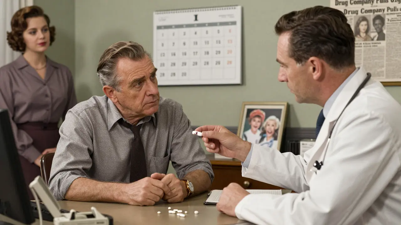 A doctor explains a new pill to a patient while an old tablet sits discarded on the desk, family photo visible in background.
