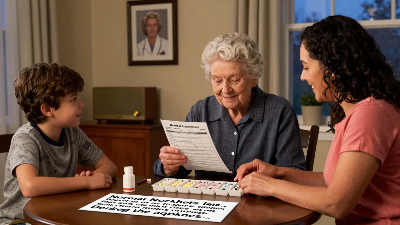 A family helping an elderly woman sort her weekly pills in a warm, cozy living room.