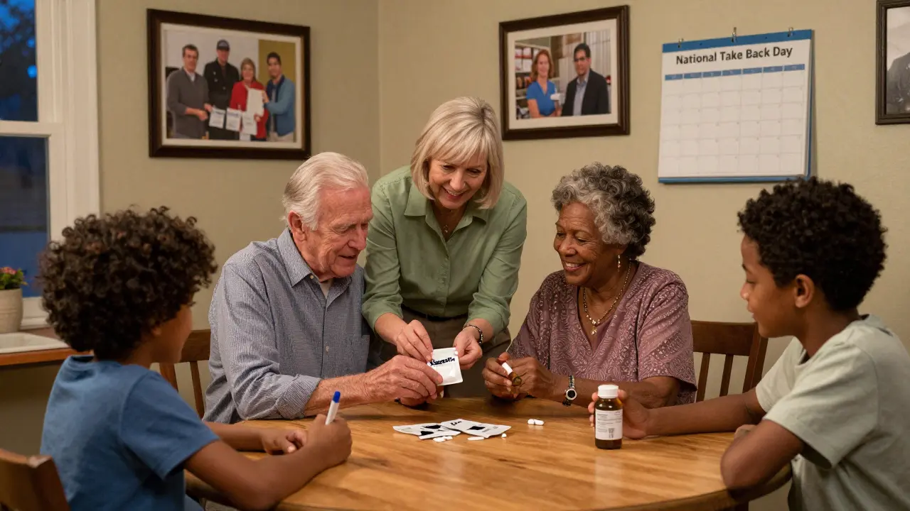 A family helping an older relative safely dispose of medications together at the kitchen table.