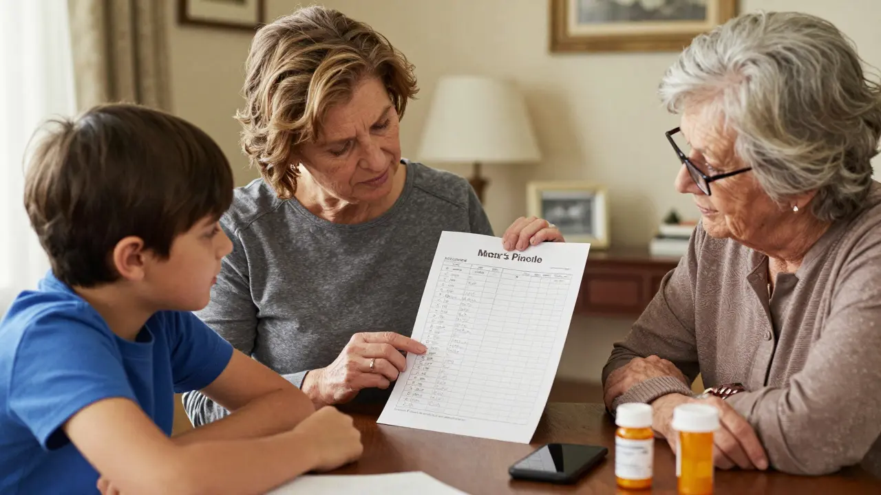 A family reviewing a handwritten medication log together at their living room table.