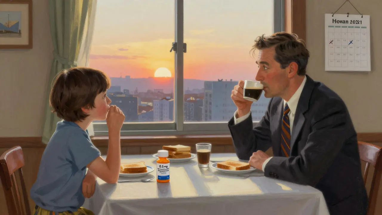 A father enjoys breakfast in Tokyo with sunlight streaming in, looking relieved after adjusting to the new time zone.