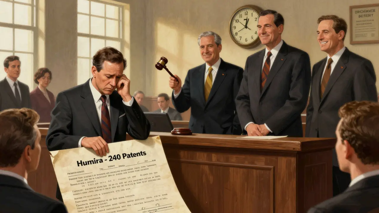 A generic drugmaker stands beside a massive patent document in court while brand executives smile, a clock shows seven years passed.