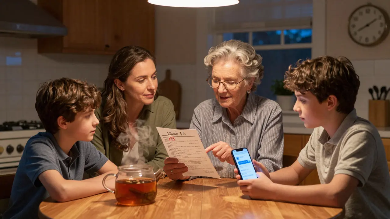 A grandmother shows her family a low-cost sleep medication on a grocery list, as they gather at the kitchen table at dusk.