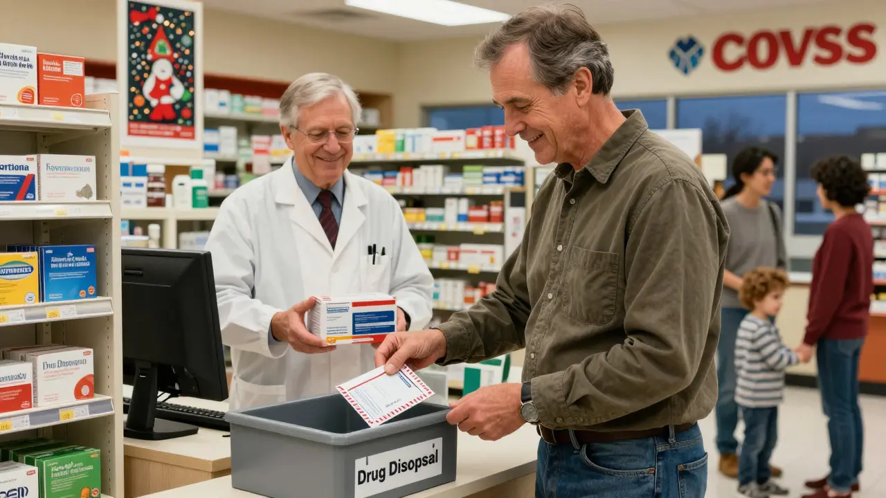 A man dropping a mail-back envelope into a pharmacy drug disposal bin.