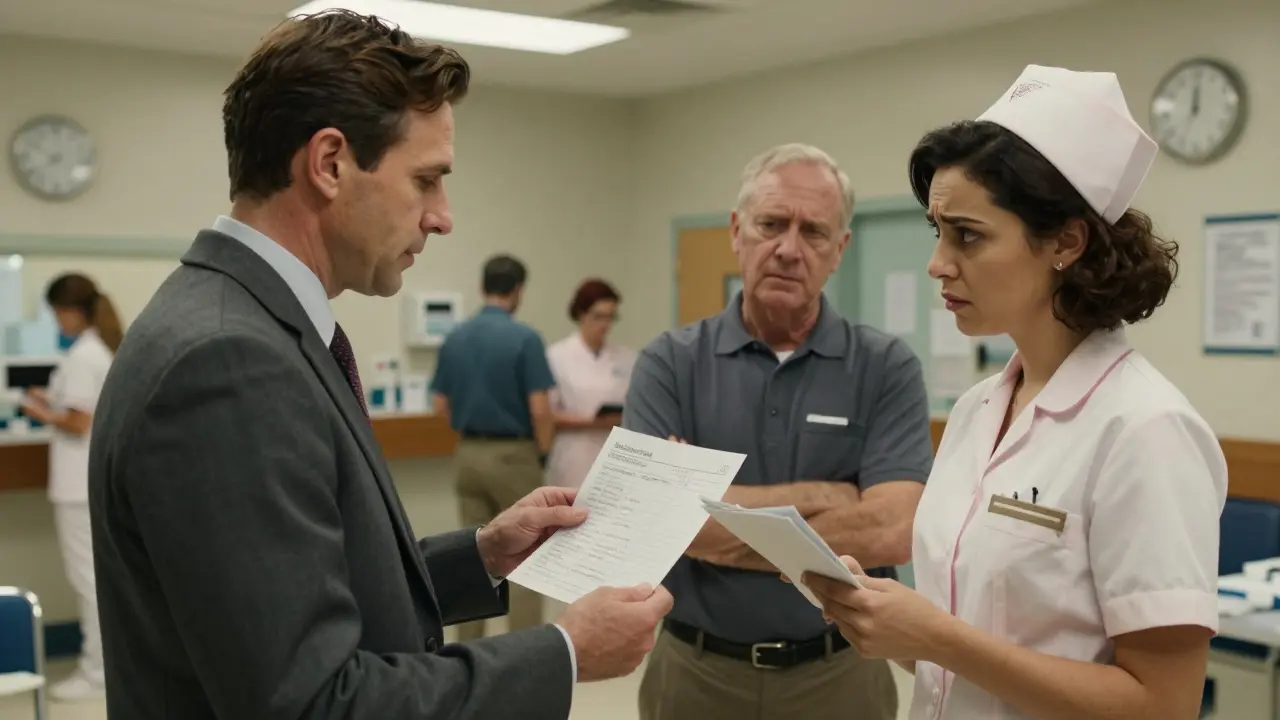 A man handing his medication log to a nurse in the emergency room waiting area.