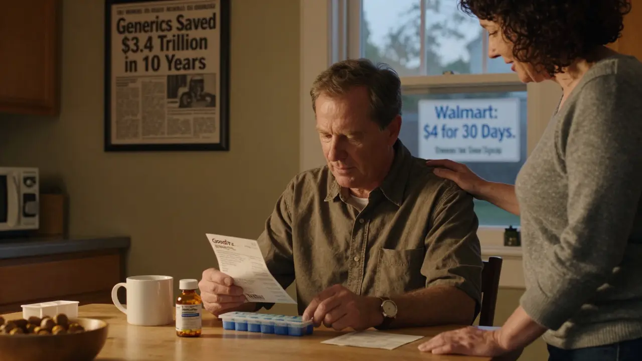 A man taking his generic blood pressure medication at home, with a newspaper clipping about generic drug savings on the wall.