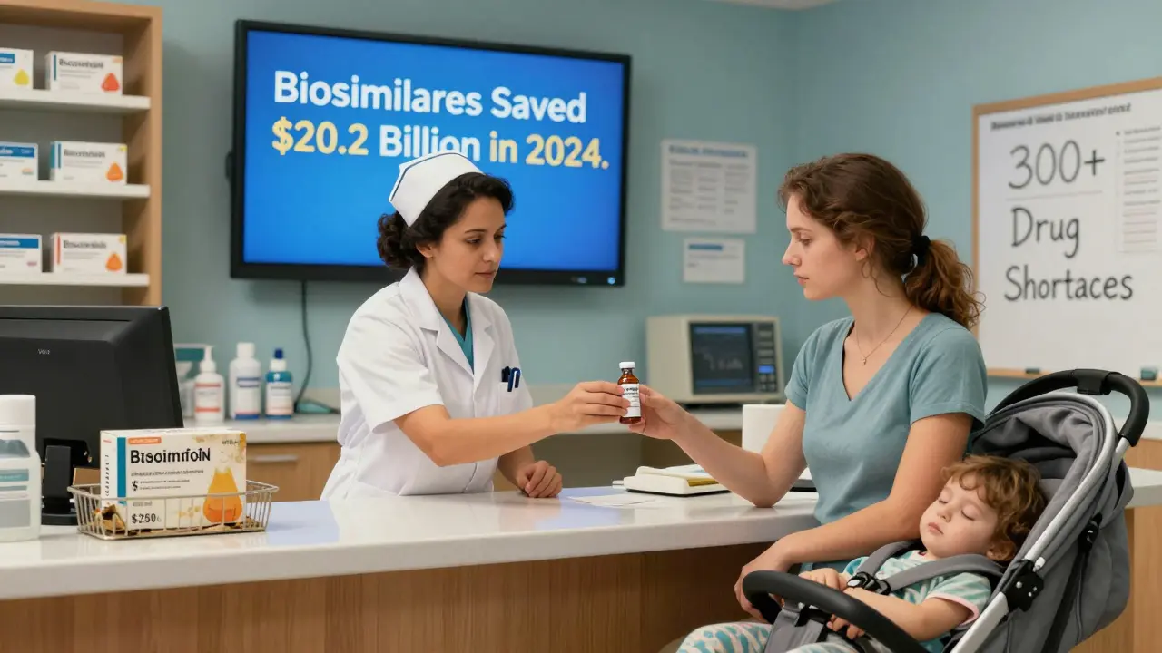 A mother receiving generic insulin at a hospital pharmacy, with discarded brand-name packaging nearby.