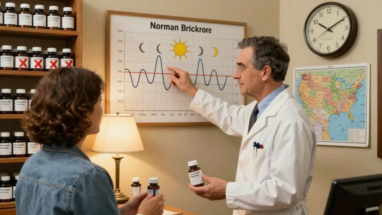 A pharmacist advises a traveler on proper melatonin use, with a circadian rhythm chart and time-released bottles marked 'X'.