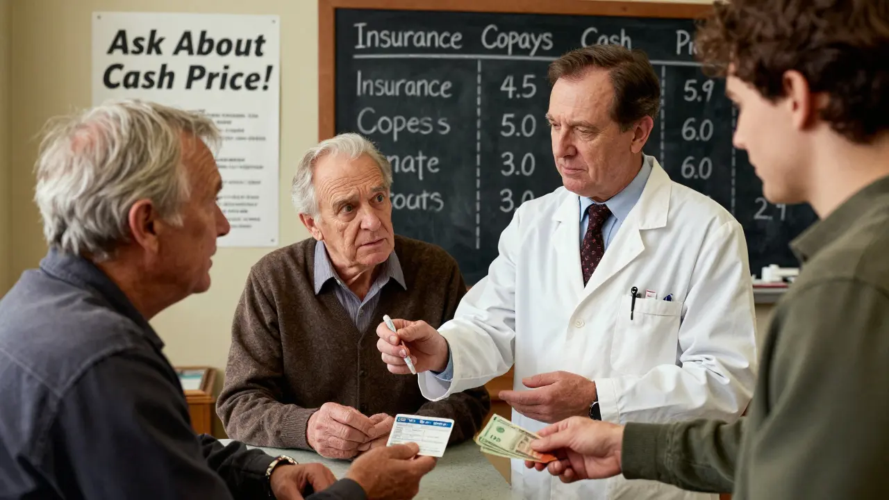 A pharmacist explains cash pricing to an elderly man, while another customer pays for a low-cost generic EpiPen.