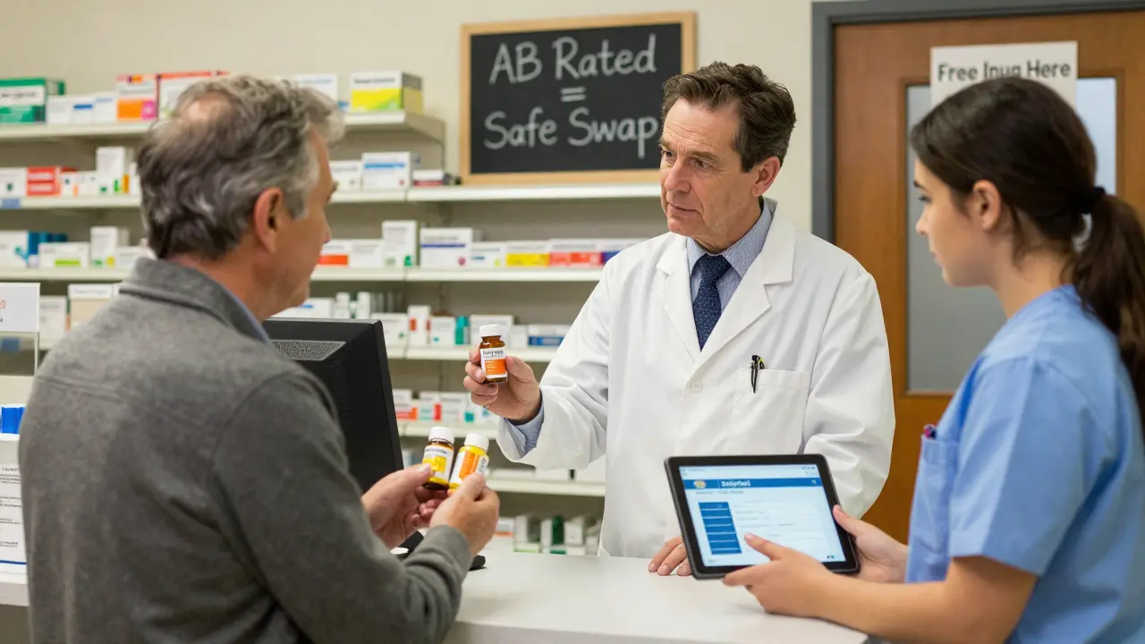 A pharmacist explains drug equivalence using the FDA Orange Book to a patient in a community pharmacy.