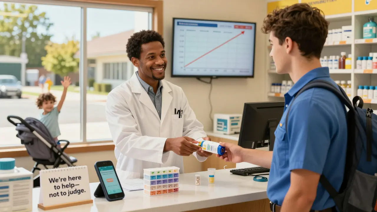 A pharmacist hands a smart pill dispenser to a young man in a delivery uniform at a community pharmacy.
