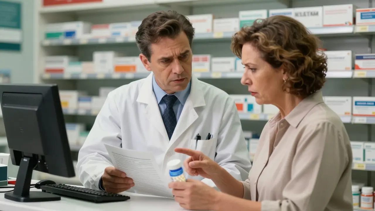 A woman and pharmacist discussing pill color differences at a pharmacy counter.
