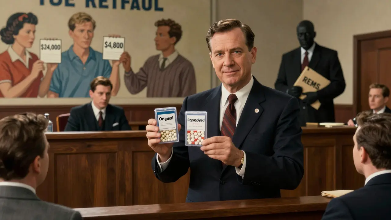 An FTC investigator presents two pills in court as a shadowy lawyer watches, patients in gallery holding price tags.