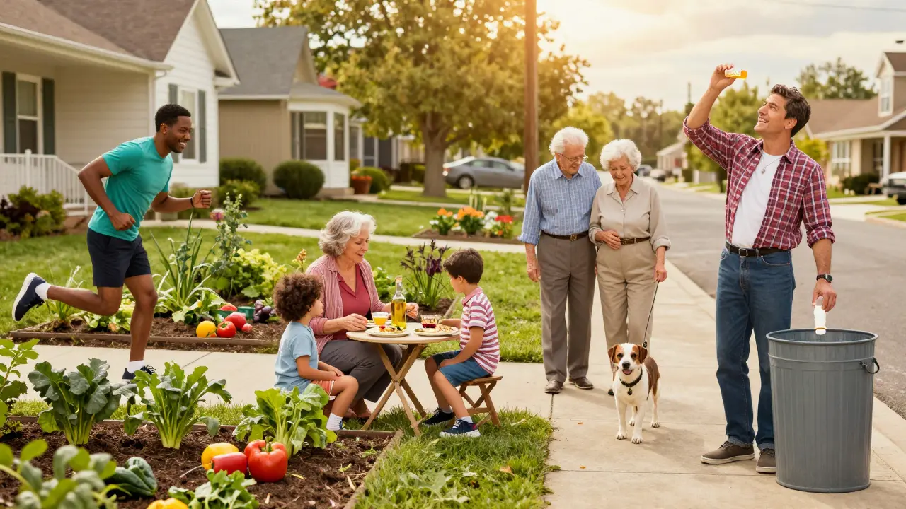Community members living heart-healthy lifestyles, aspirin bottle being thrown away.