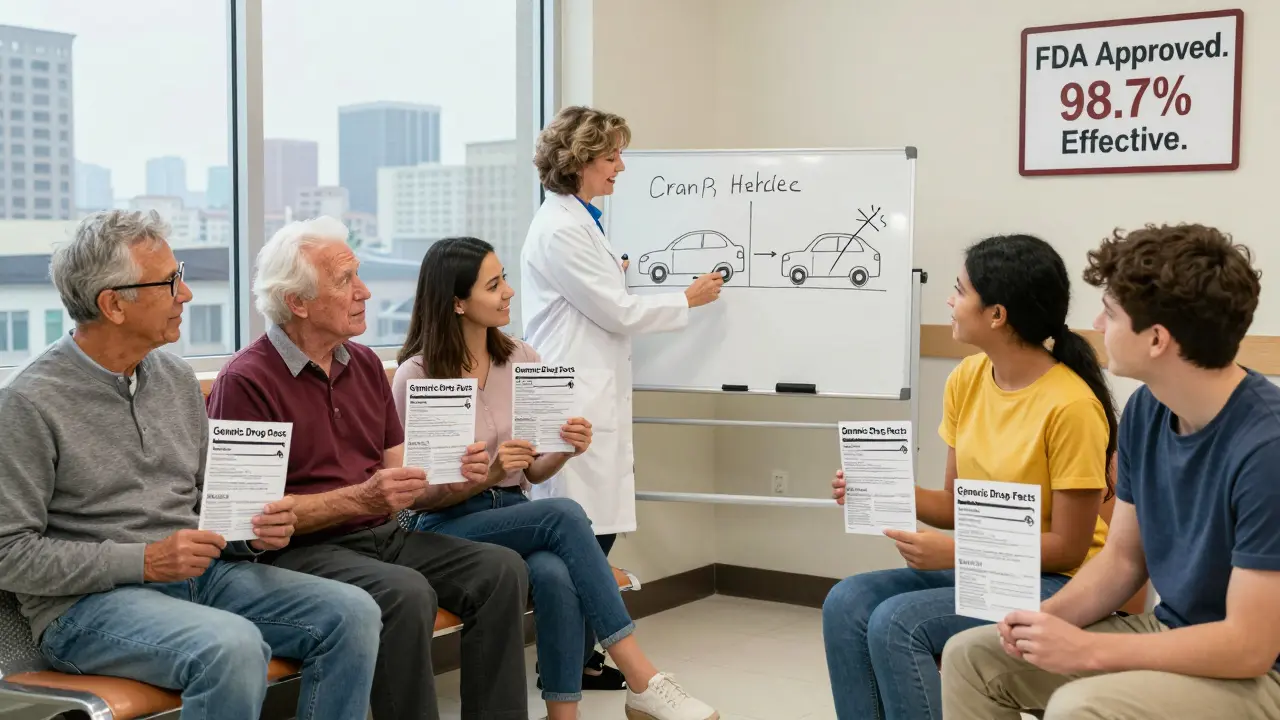 Diverse patients in a clinic waiting area learning about generics from a pharmacist using a whiteboard analogy.
