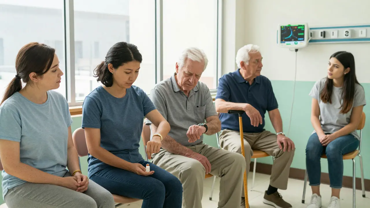Diverse patients in a waiting room, each showing subtle signs of cardiac risk awareness.