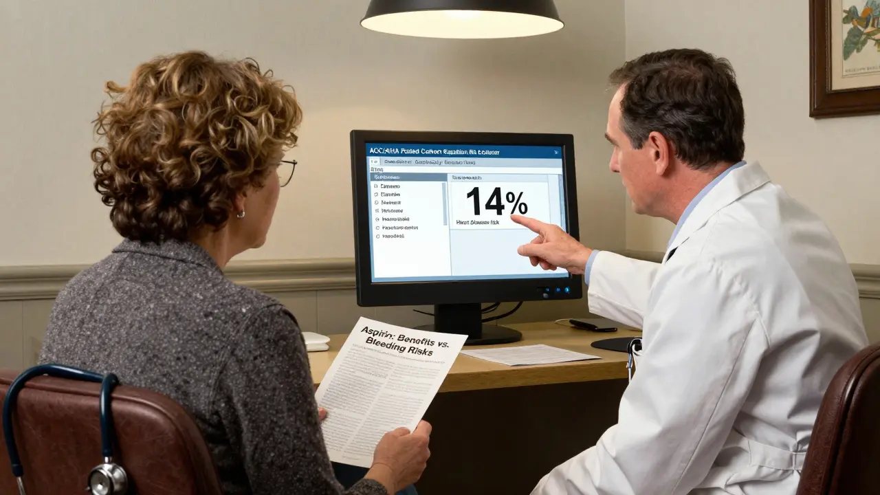 Doctor and patient reviewing heart risk calculator in a cozy office setting.