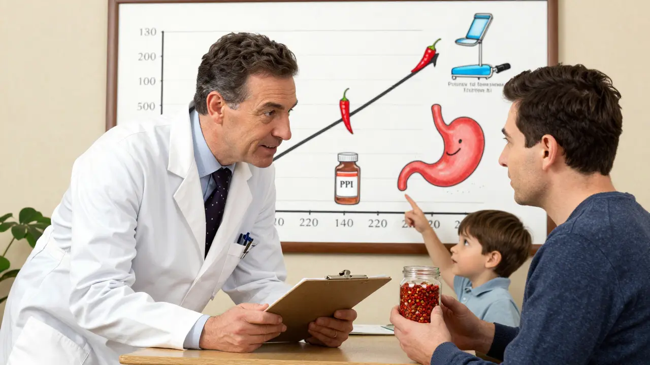 Doctor and patient reviewing spice tolerance chart with child pointing to happy stomach icon.
