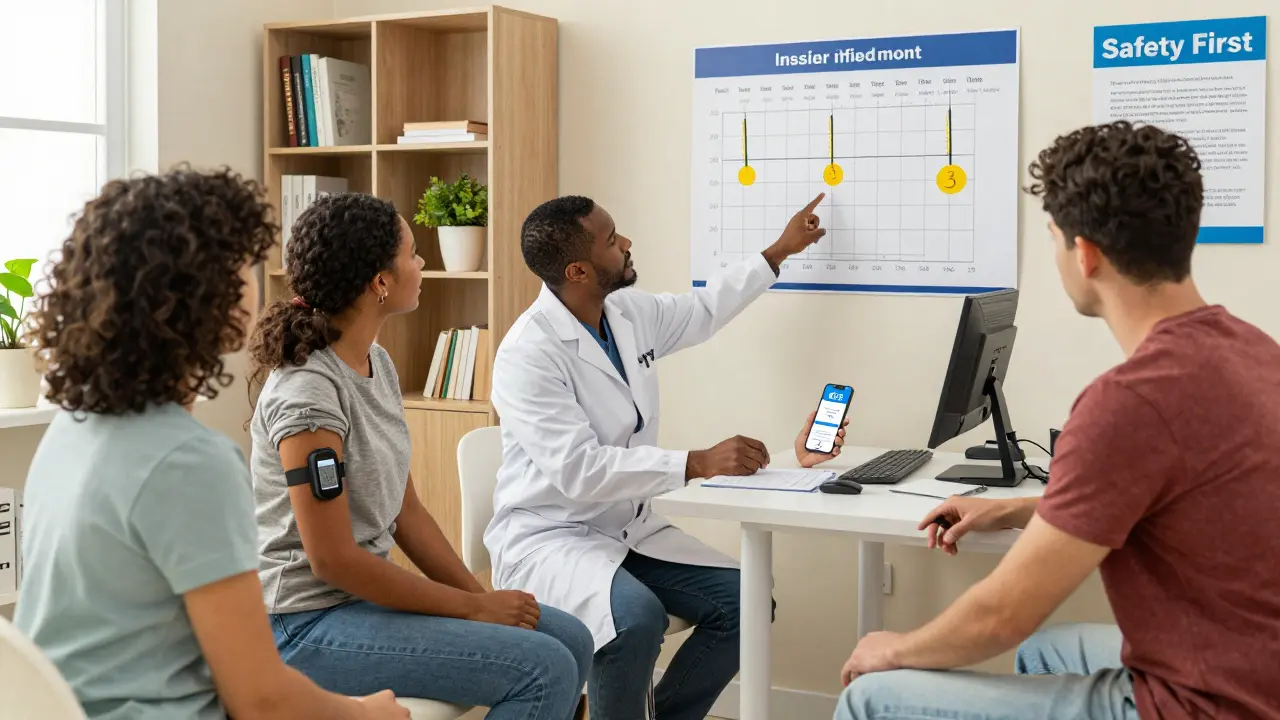 Doctor explaining meal-timing chart to patients in office, one checking glucose monitor, smartphone vibrating.