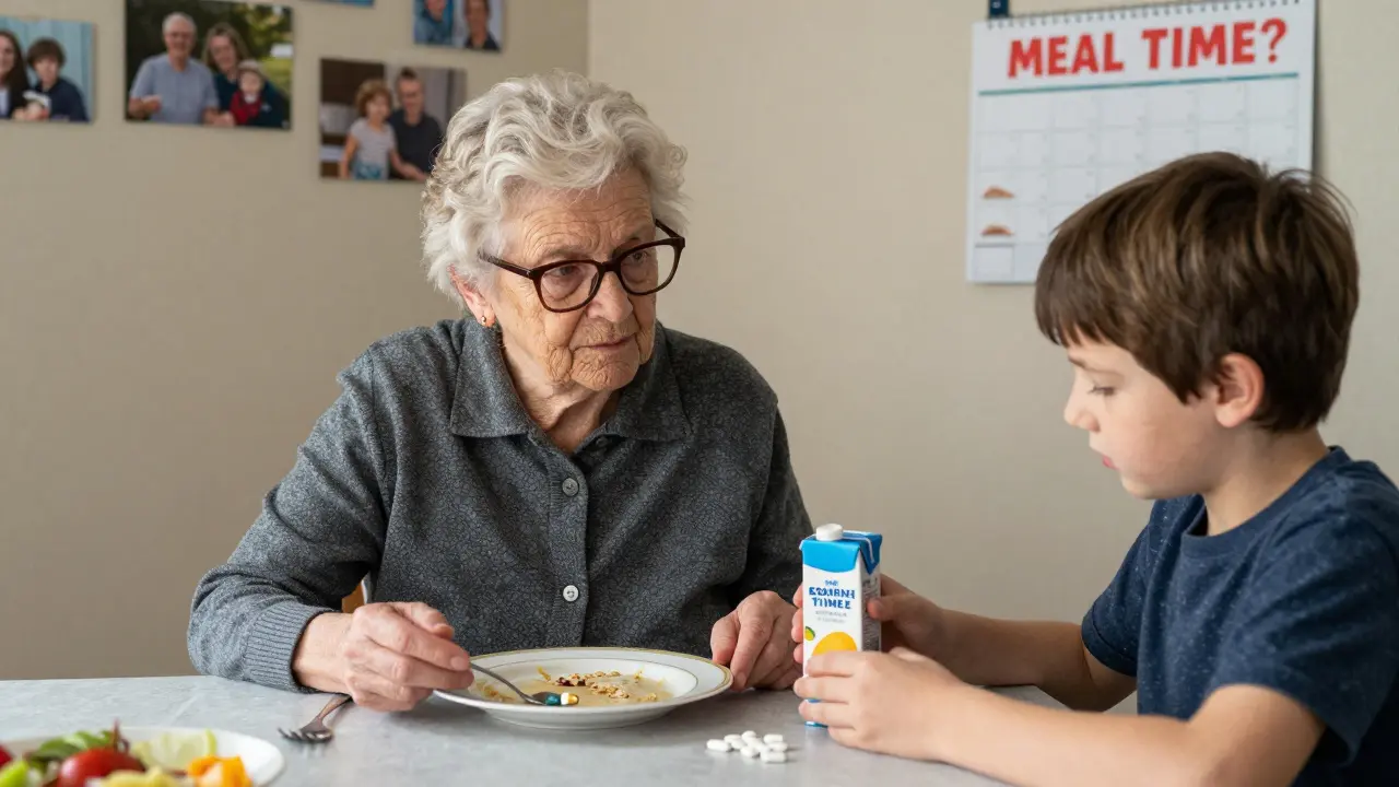 Elderly woman staring at untouched meal, grandson placing juice box beside her, family photos on wall.