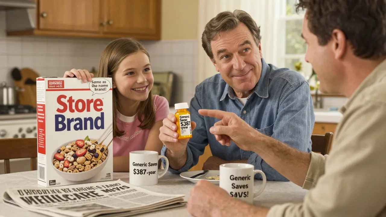 Family at breakfast discussing generic medication using a cereal box analogy on a cozy kitchen table.