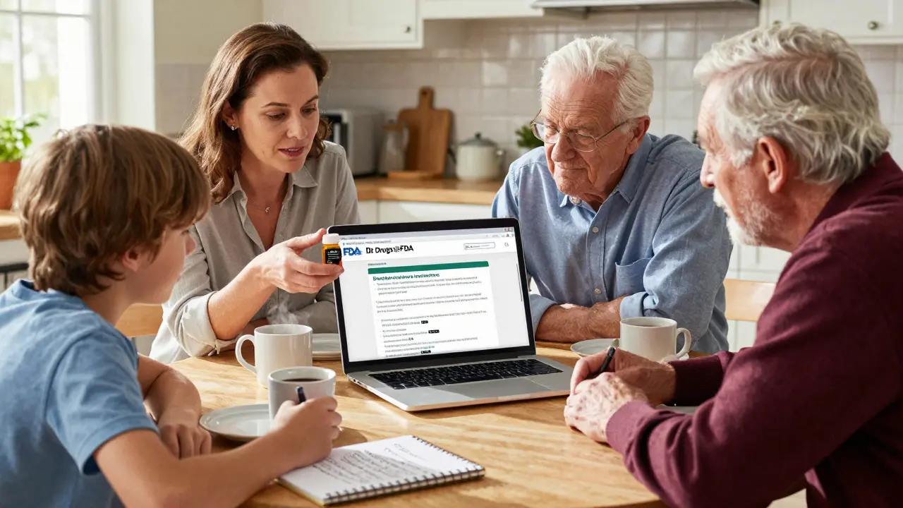 Family discussing a medication with a black box warning at the kitchen table.